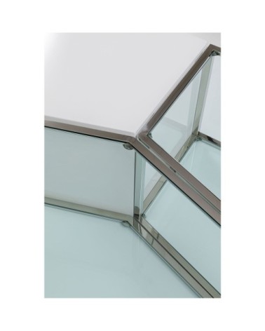 Table basse blanche, acier inoxydable et verre