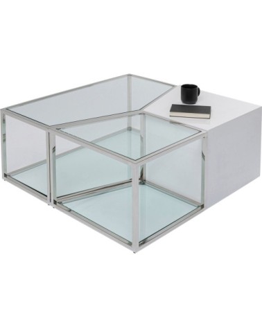 Table basse blanche, acier inoxydable et verre