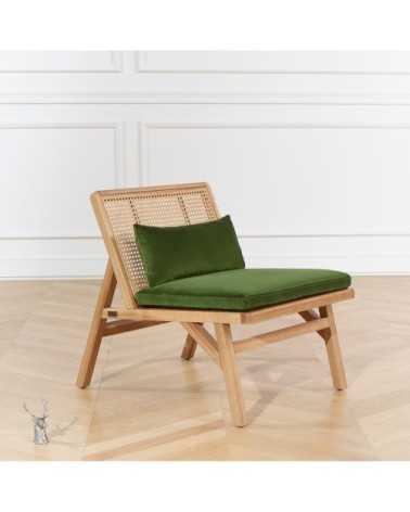 LALALA - Fauteuil en cannage chêne clair et velours vert vintage