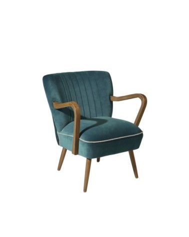 Fauteuil vintage à accoudoirs en chêne et velours bleu canard