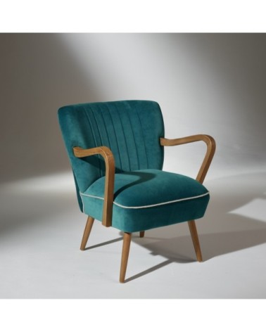 Fauteuil vintage à accoudoirs en chêne et velours bleu canard