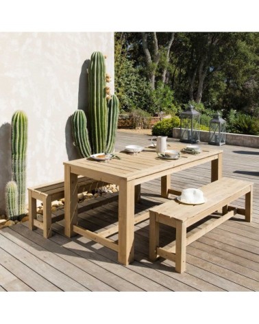 Ensemble table en sapin et bancs de jardin