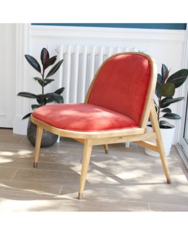 Fauteuil chêne et velours brique