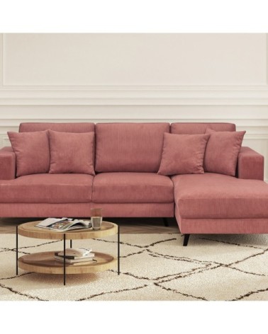 Canapé d'angle droit convertible 4 places en velours côtelé terracotta