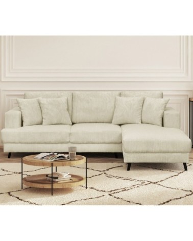 Canapé d'angle droit convertible 4 places en velours côtelé beige