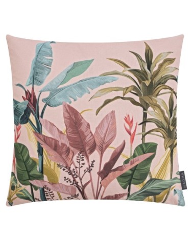 Housse de coussin imprimée coton végétaux rose 50x50