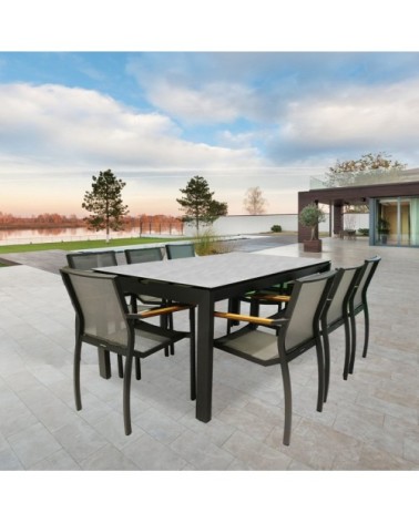 Table de jardin 200 cm en verre trempé béton et métal 1 tiroir