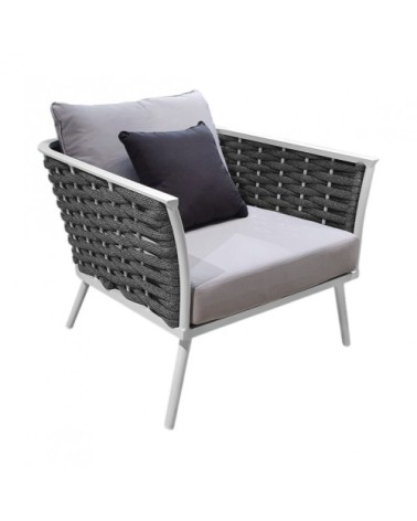 Fauteuil bas de jardin en aluminium blanc et tressage gris