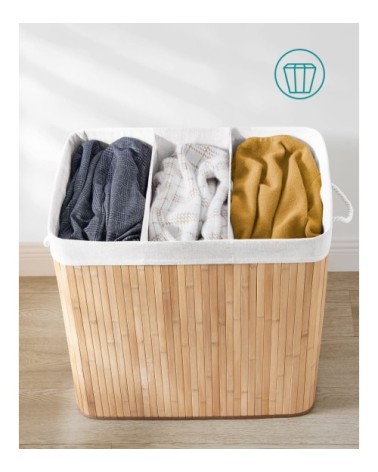 Panier à linge 3 compartiments 150L bambou couleur boisée