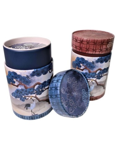 Petite boîte grue marron et bleue pour le thé contenance 150g