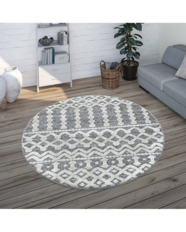 Tapis bohème rond à relief gris et blanc 200x200cm