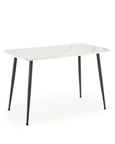 Table à manger aspect marbre blanc avec pieds en acier noir