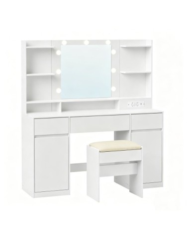Coiffeuse avec tabouret miroir led 3 tiroirs et 2 portes blanc