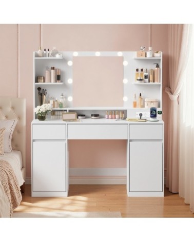Coiffeuse avec tabouret miroir led 3 tiroirs et 2 portes blanc