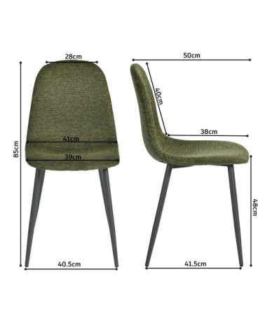 Lot de 4 chaises rembourrées en tissu, cadre métallique, vert
