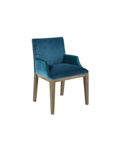 KENZA - Fauteuil de table en velours et en bois clouté bleu canard