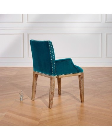 KENZA - Fauteuil de table en velours et en bois clouté bleu canard