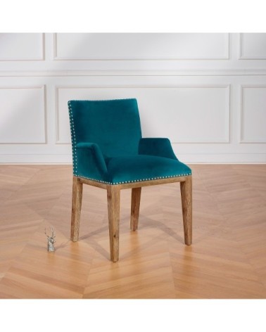 KENZA - Fauteuil de table en velours et en bois clouté bleu canard