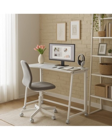 Bureau pliant sur roulettes, bureau d'étude, table de bureau blanche