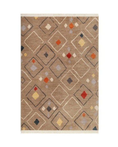 Tapis tissé ethnique chic à franges multicolore fond marron 133x200
