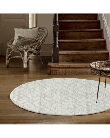 Tapis bohème rond à relief blanc ivoire 80x80cm