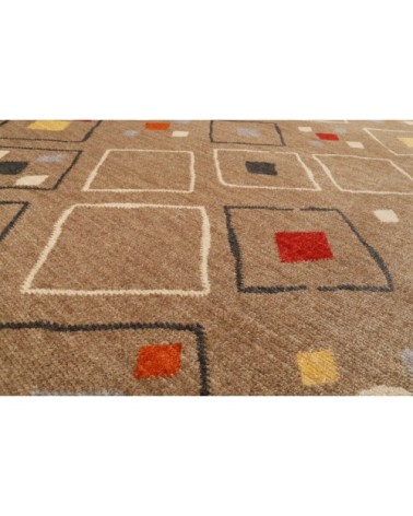 Tapis tissé ethnique chic à franges multicolore fond marron 200x290