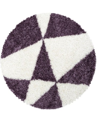 Tapis rond à poils longs géométrique violet et blanc 80x80cm