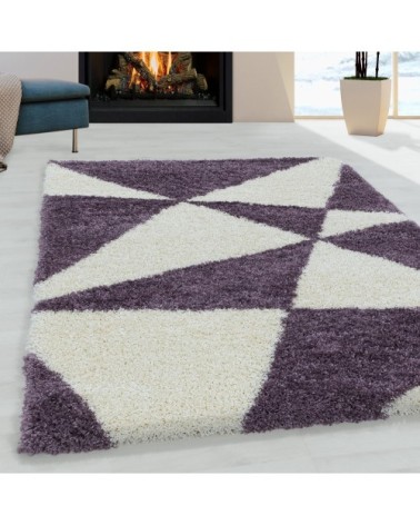Tapis à poils longs géométrique violet et blanc 200x290cm