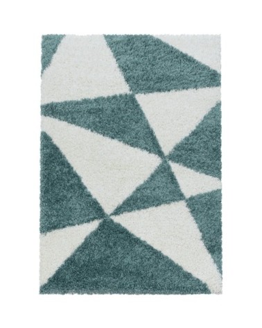 Tapis à poils longs géométrique turquoise et blanc 80x150cm