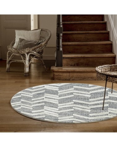 Tapis bohème rond à relief gris et blanc 120x120cm