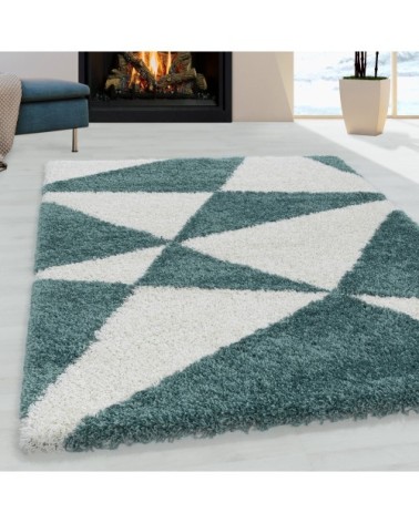 Tapis à poils longs géométrique turquoise et blanc 120x170cm