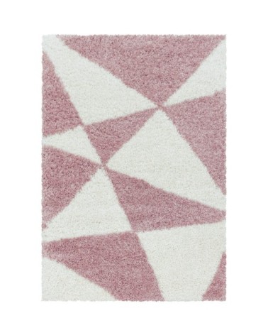 Tapis à poils longs géométrique rose et blanc 80x150cm