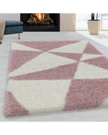 Tapis à poils longs géométrique rose et blanc 80x150cm
