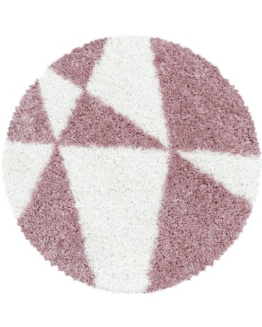 Tapis rond à poils longs géométrique rose et blanc 80x80cm