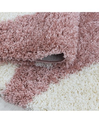 Tapis rond à poils longs géométrique rose et blanc 80x80cm