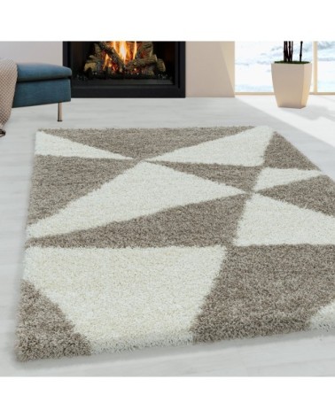 Tapis à poils longs géométrique beige et blanc 140x200cm
