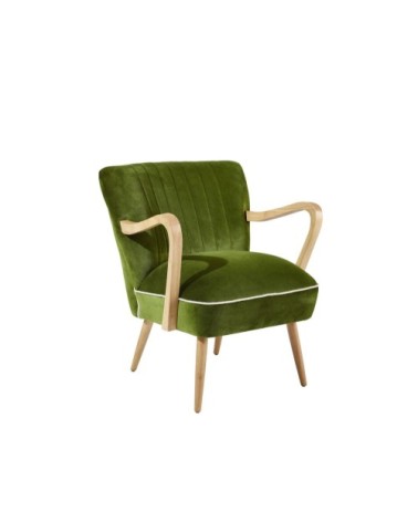 Fauteuil vintage à accoudoirs en chêne et velours vert vintage