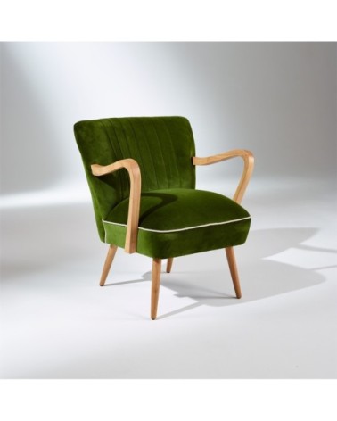 Fauteuil vintage à accoudoirs en chêne et velours vert vintage