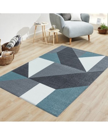 Tapis géométrique à poils ras bleu 80x250cm