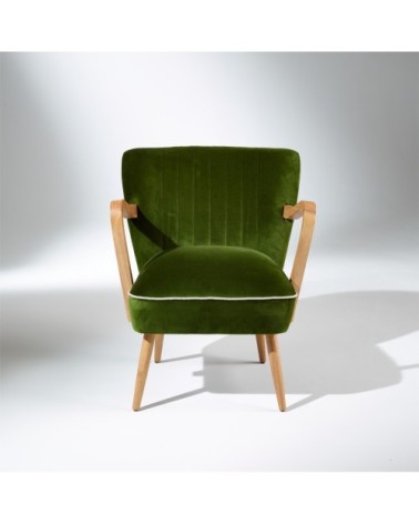 Fauteuil vintage à accoudoirs en chêne et velours vert vintage