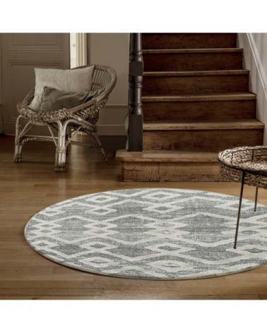 Tapis bohème rond à relief gris et blanc 80x80cm