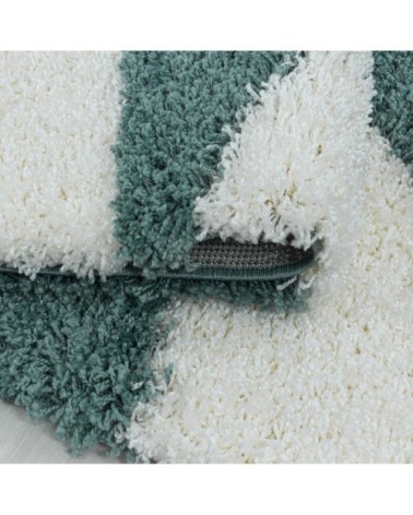 Tapis rond à poils longs géométrique turquoise et blanc 80x80cm