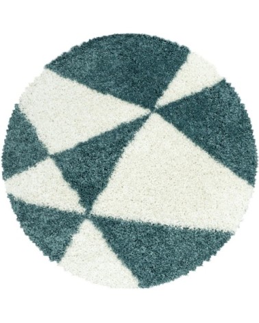 Tapis rond à poils longs géométrique turquoise et blanc 120x120cm