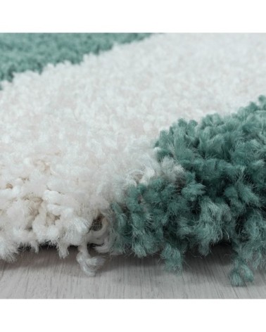 Tapis rond à poils longs géométrique turquoise et blanc 120x120cm