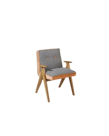 Fauteuil tissu pied de poule et velours caramel