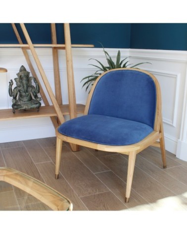 Fauteuil chêne et velours bleu