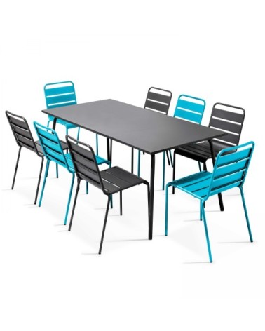 Ensemble table de jardin et 8 chaises en métal gris et bleu