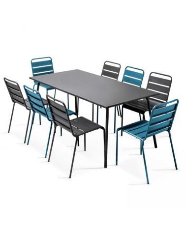 Ensemble table de jardin et 8 chaises en métal gris et bleu pacific