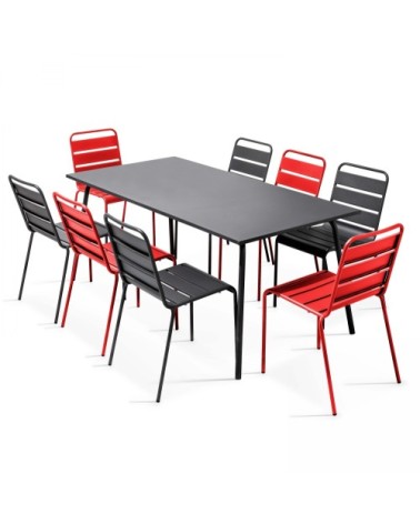 Ensemble table de jardin et 8 chaises en métal gris et rouge