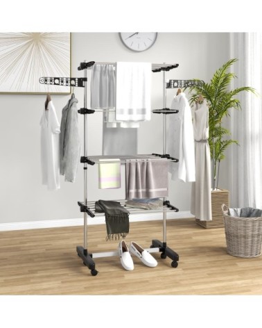 Étendoir pliable ailes latérales 6 roulettes acier noir